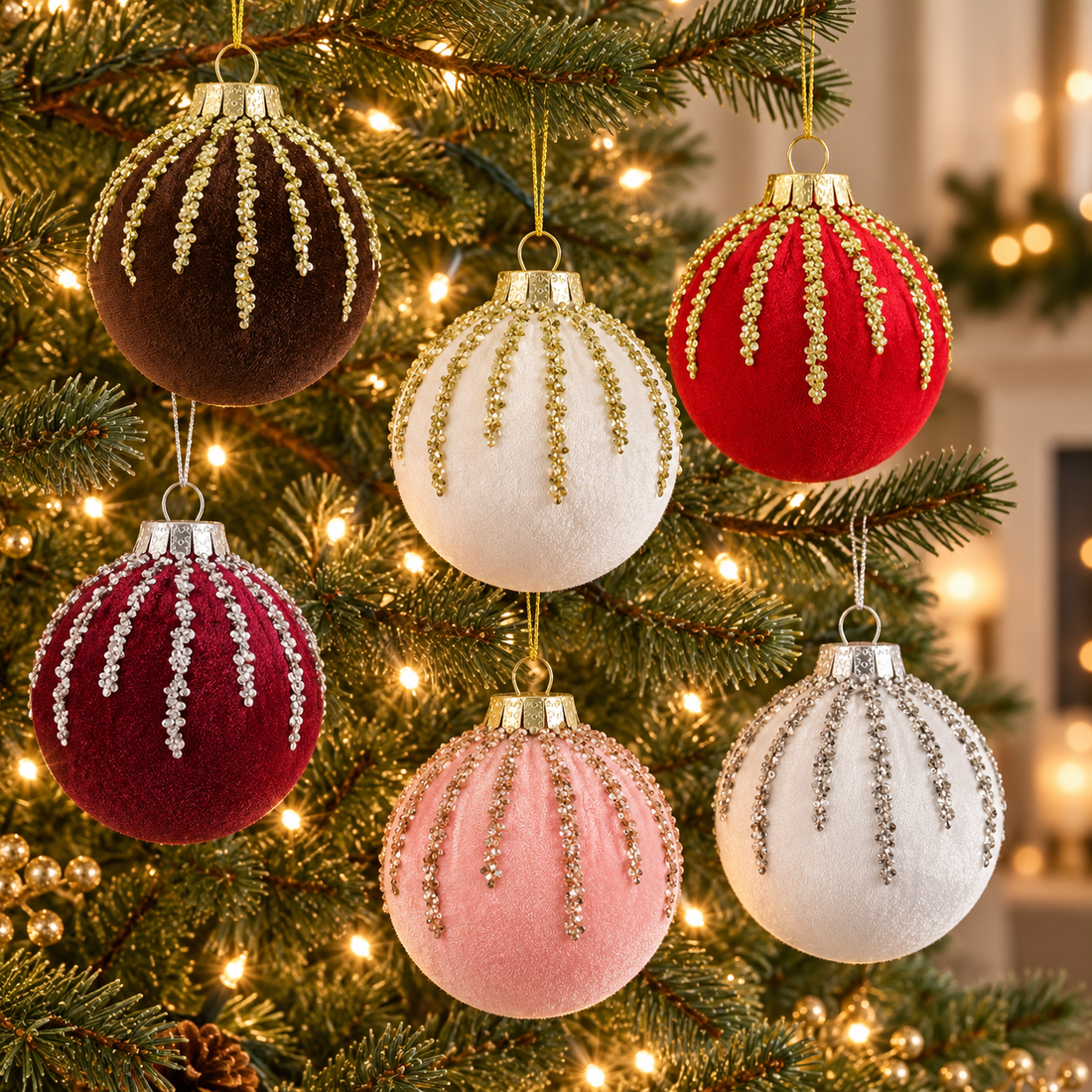 AI styling inspiration showing all six crystal ornament color choices on a tree; sold individually