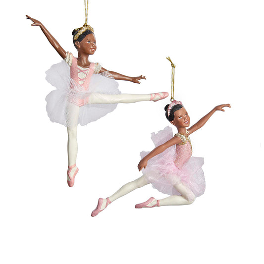 6.5" African American Ballerina Ornaments – Set of 2 Assorted Elegant Christmas Decorations