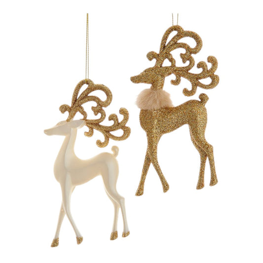 5.5” Pearl and Gold Glittered Reindeer Ornaments - Set of 2 - Elegant Christmas Decoration