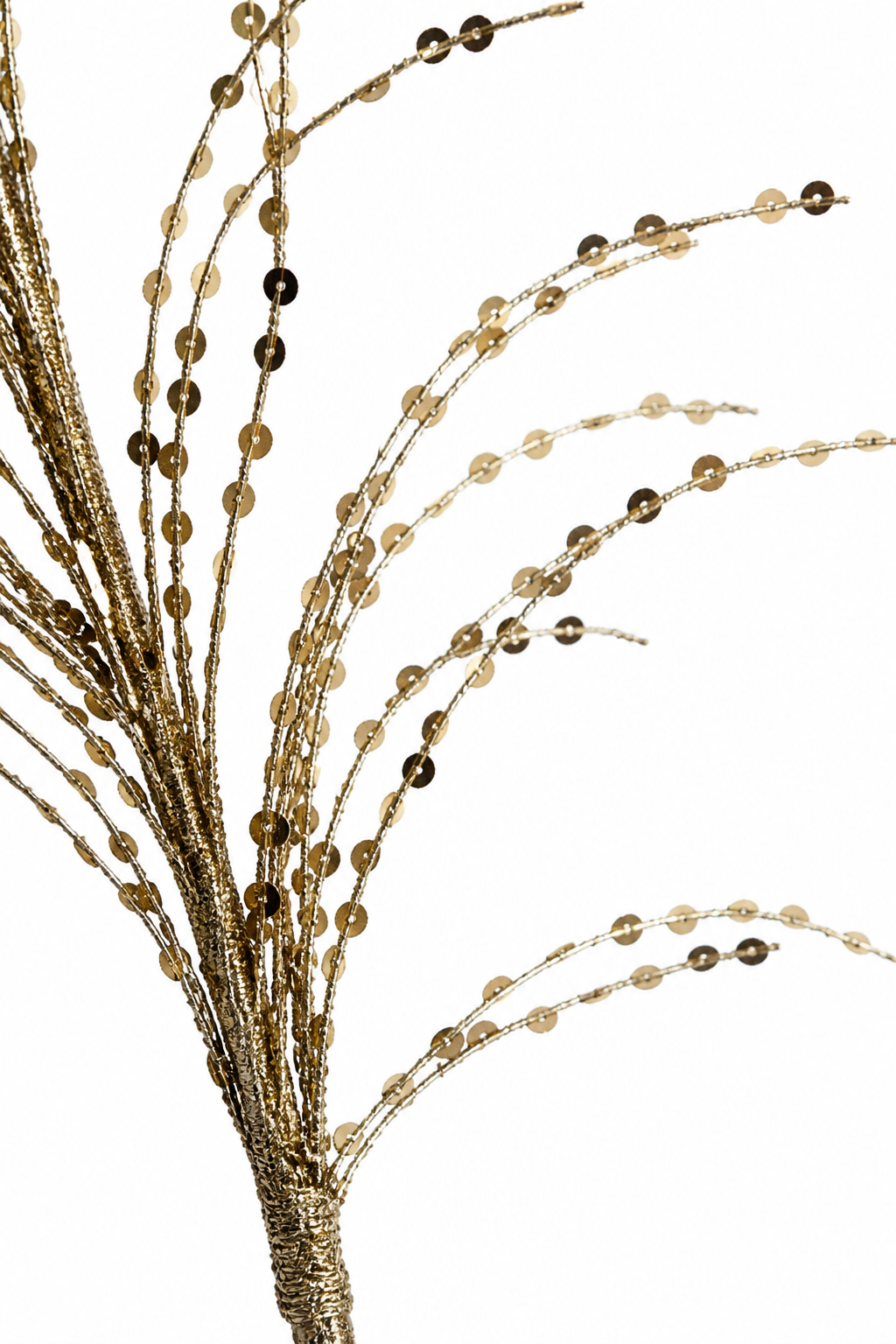 Close-up detail of gold glitter and sequin pampas grass floral spray
