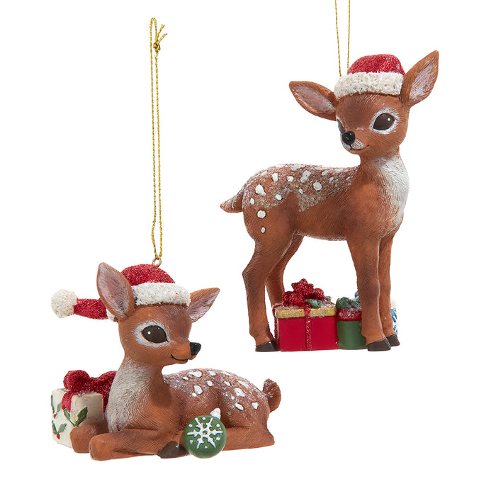 3.75-inch deer Christmas ornaments with presents set of 2