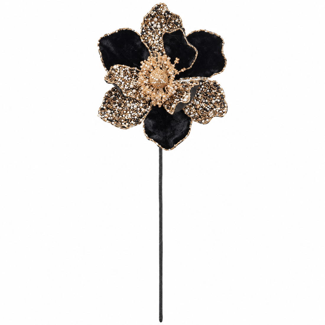 24" Black & Gold Magnolia Christmas Pick with Beaded Accents