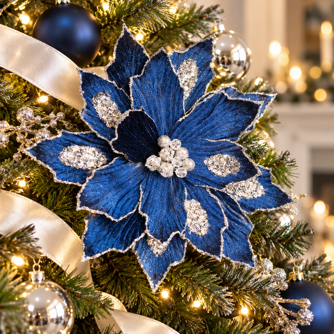 24"Blue & Silver Poinsettia Christmas Pick with Sequin Accents