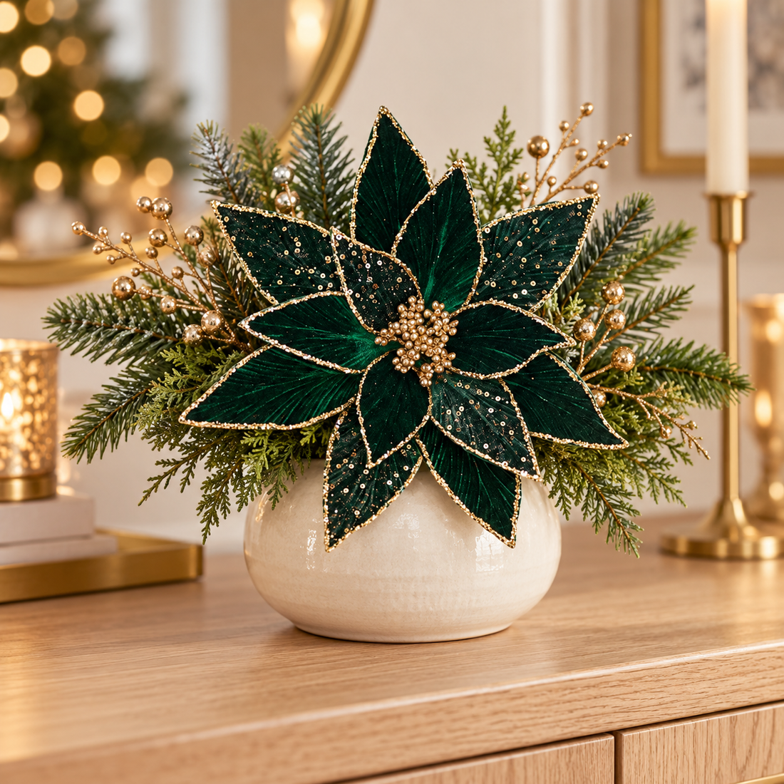 24" Emerald Green & Gold Glitter Poinsettia Christmas Pick