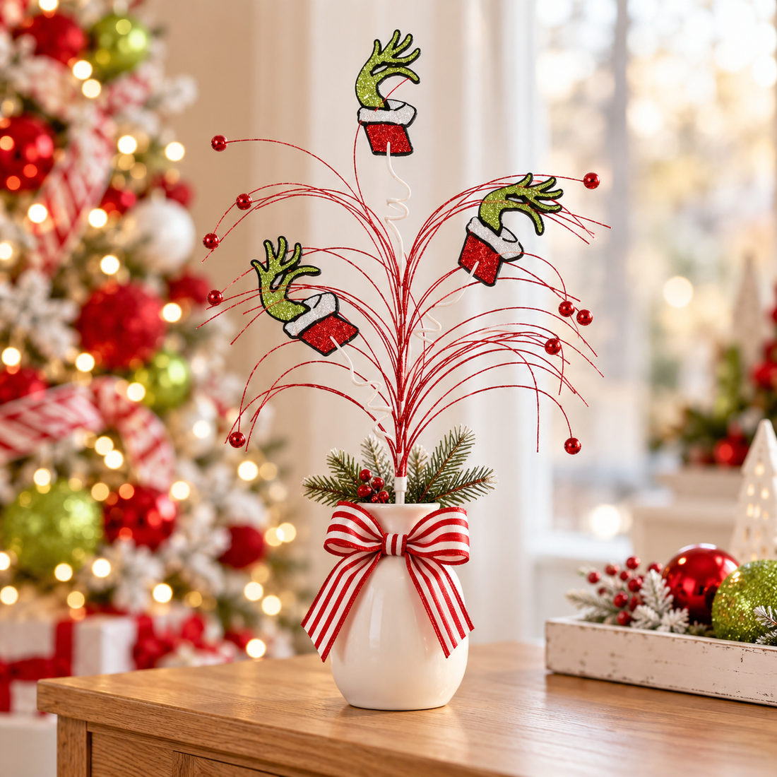 30" Whimsical Green Hand Grinch Christmas Spray with Red Glitter Accents