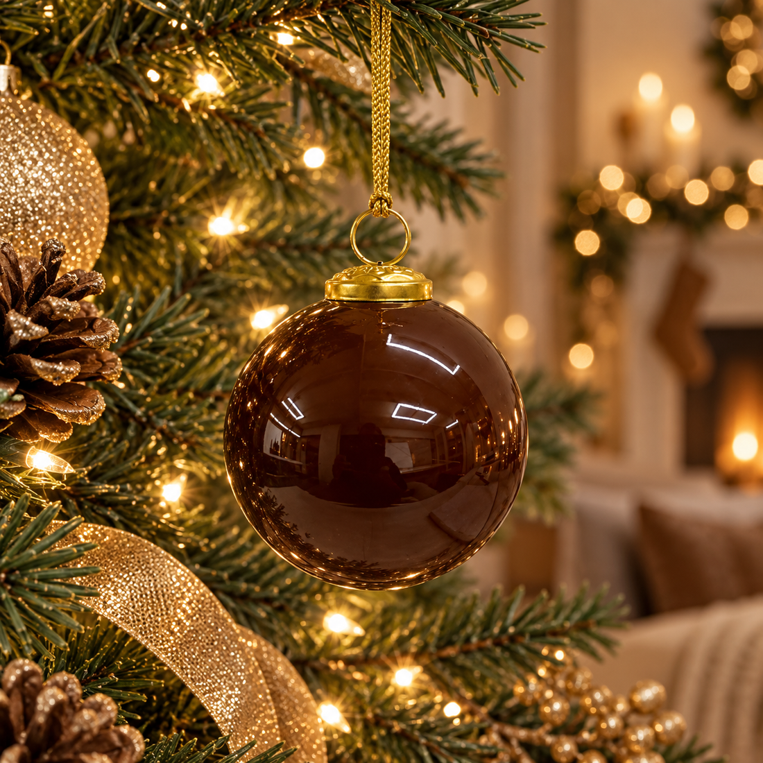 Brown Glass Christmas Ball Ornament w/Gold Cap