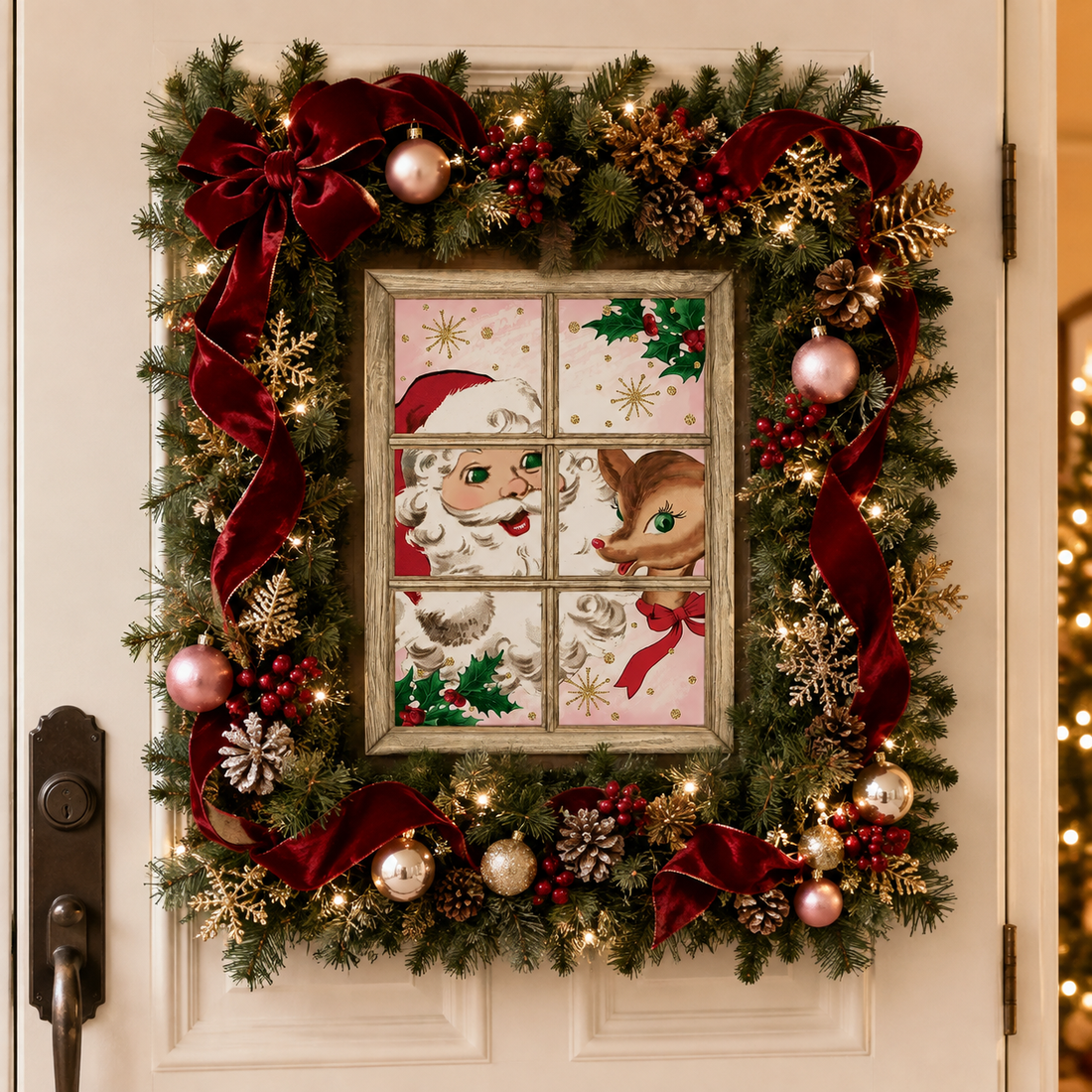 12.75" Retro Santa & Reindeer Window-Frame Christmas Metal Sign