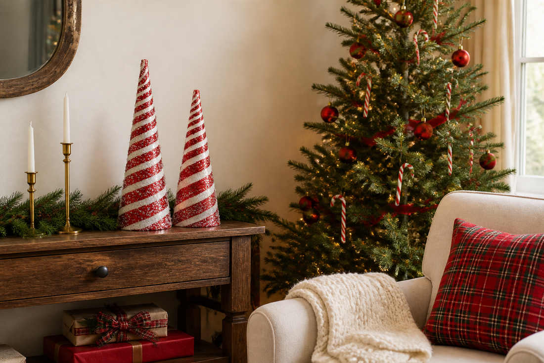 16" - 20" Candy Stripe Cone Decorations – Christmas Holiday Cheer Set of 2