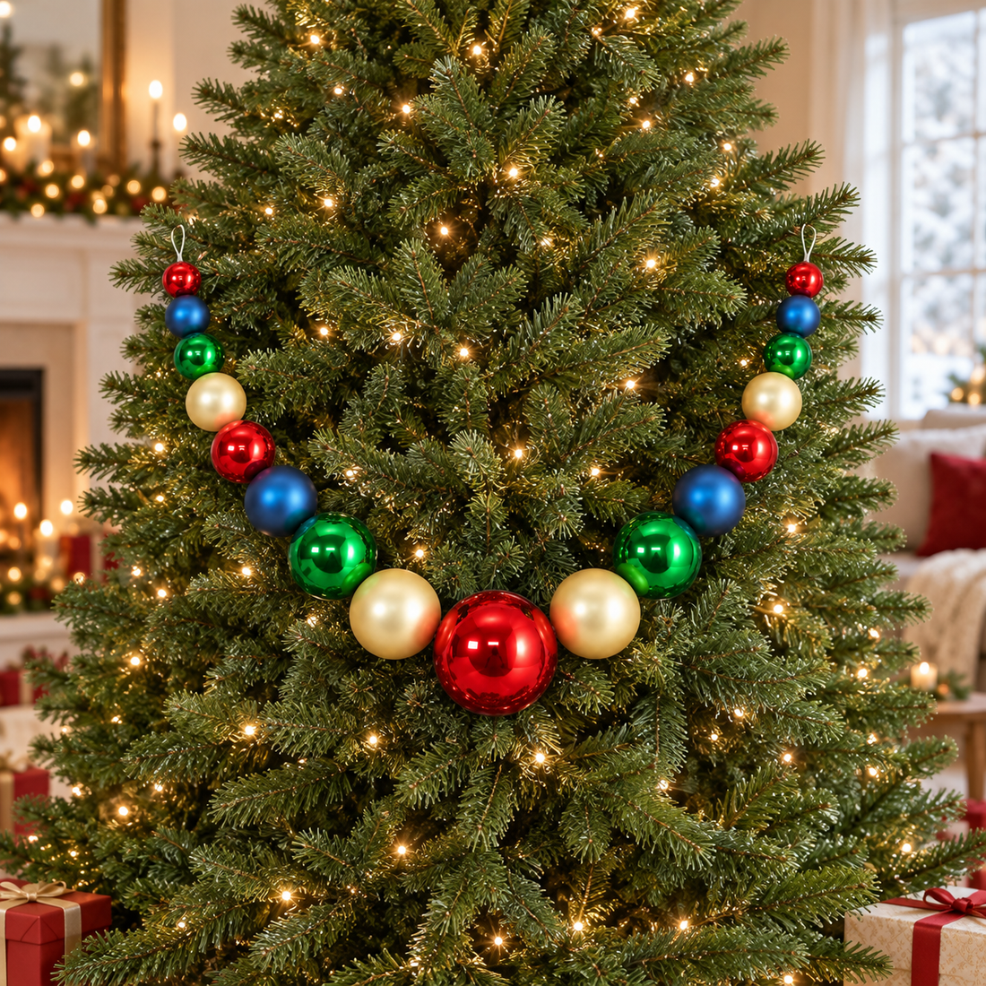 74" Jumbo Christmas Ball Ornament Garland – Red, Green, Blue & Gold Holiday Decor