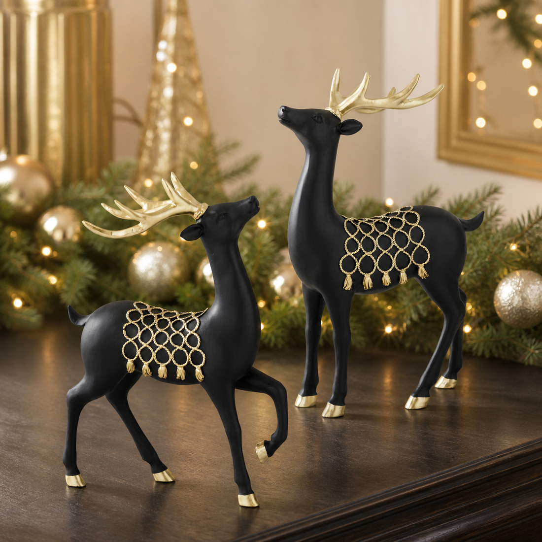 Set of 2 Matte Black Deer with Gold Saddles – Elegant Modern Christmas Décor