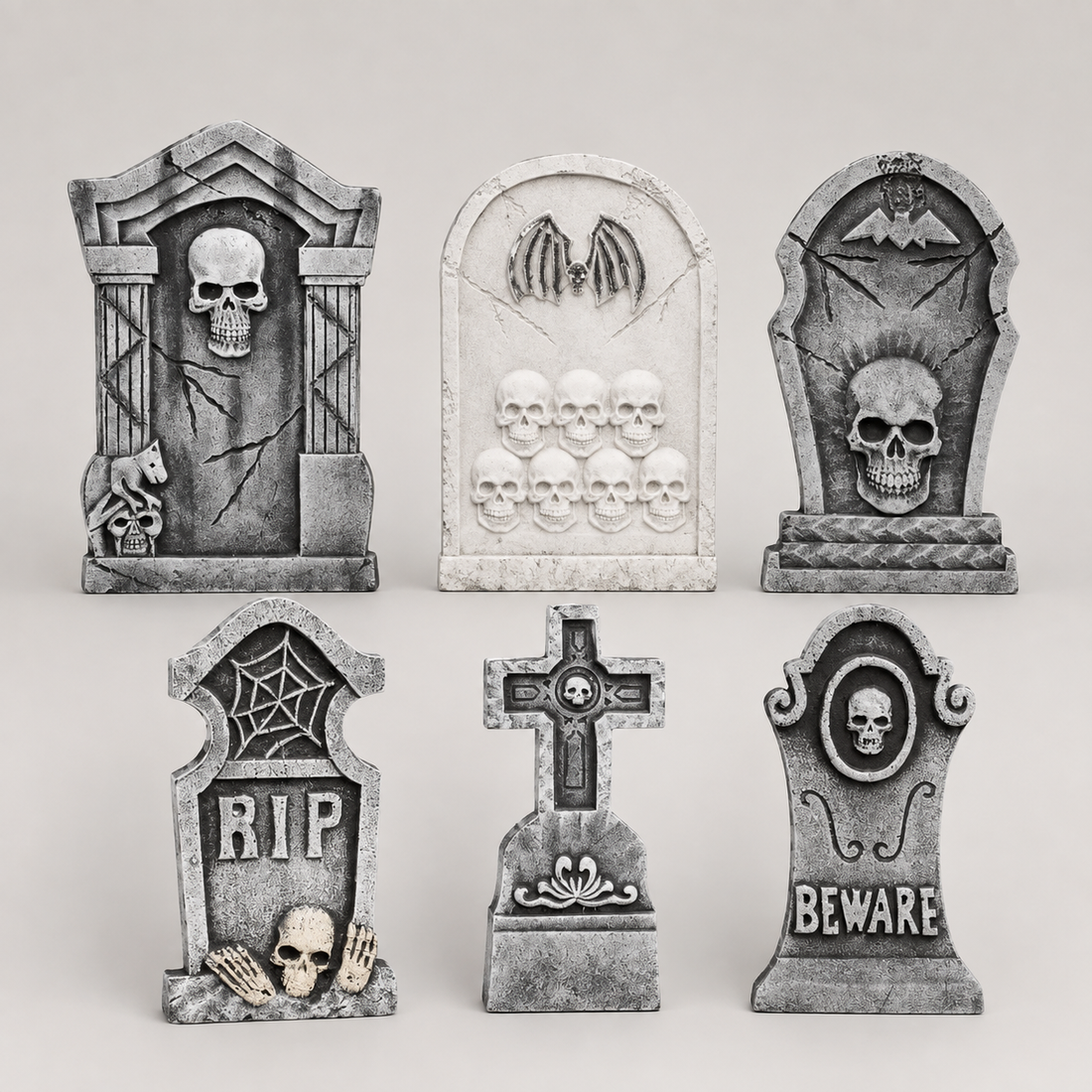 6-Piece Halloween Foam Tombstone Set with Bats & Skulls | Lightweight Graveyard Yard Decorations for Outdoor & Indoor Displays
