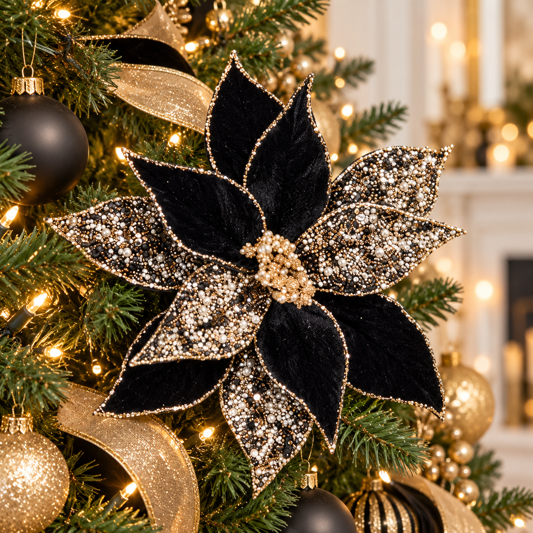 24" Black & Gold Poinsettia Christmas Pick with Beaded Accents