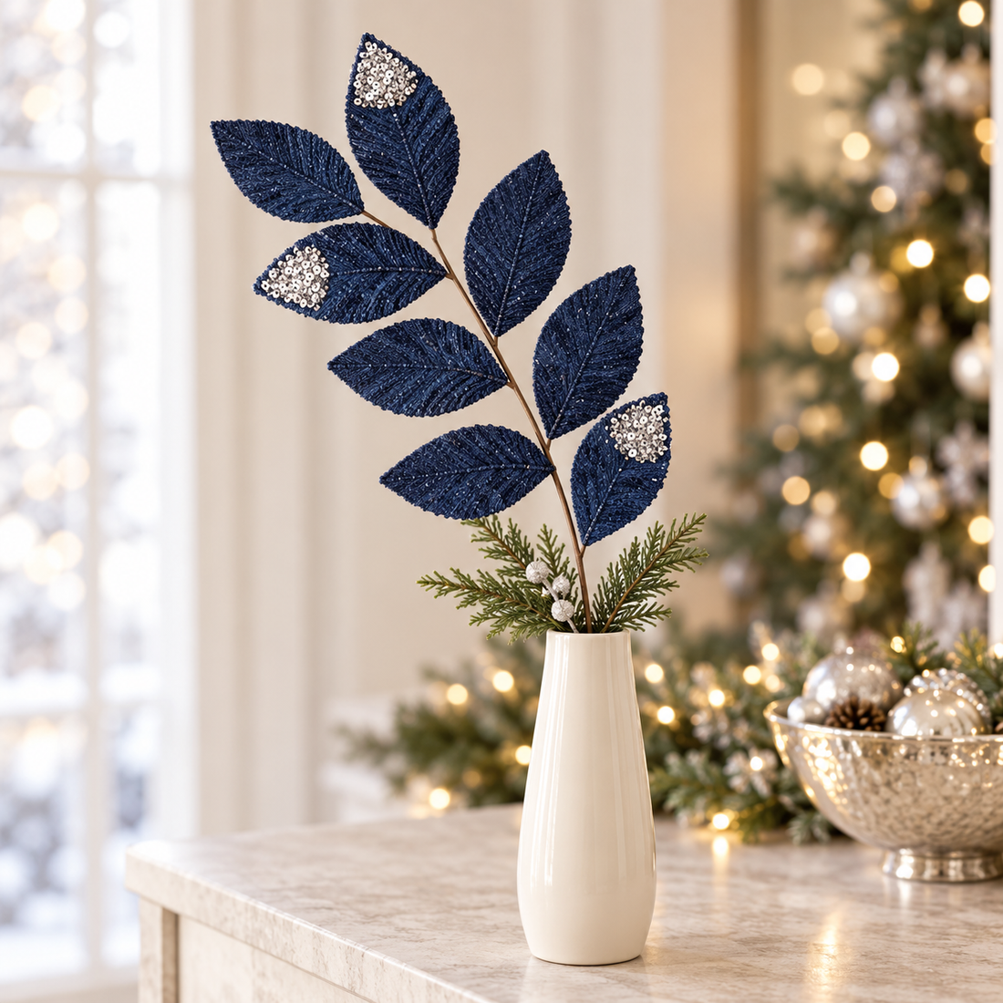30" Blue & Silver Leaf Spray for Christmas Decorating