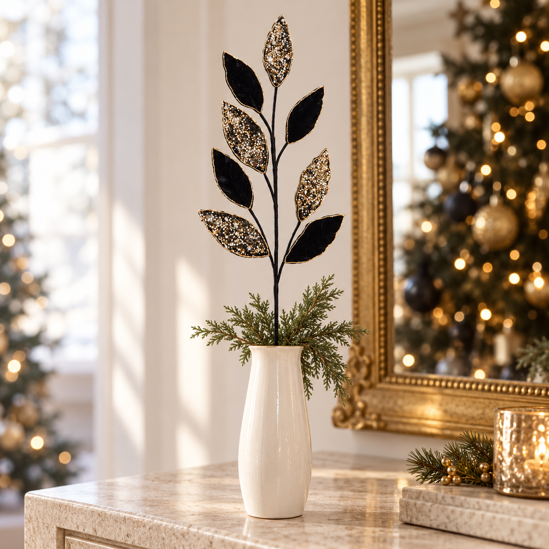 Black & Gold Leaf Spray with Beaded Christmas Accents