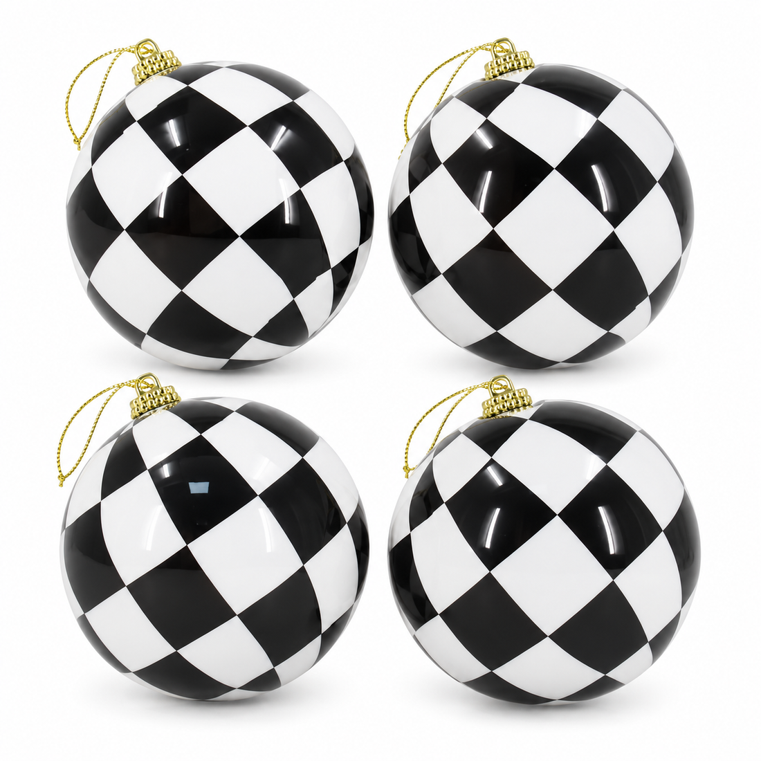 4" Black & White Checkered Ornaments – Set of 4