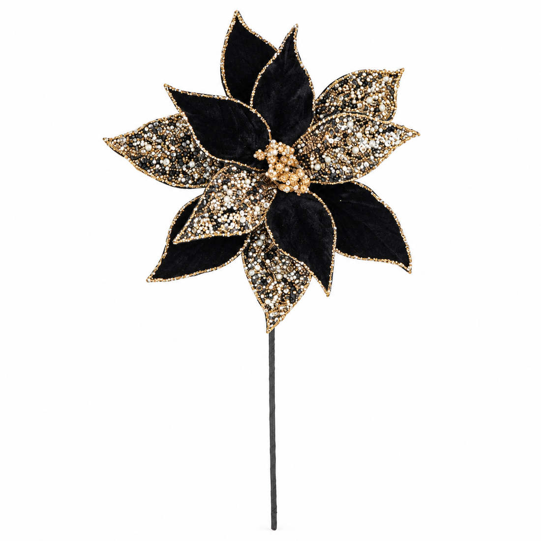 24" Black & Gold Poinsettia Christmas Pick with Beaded Accents