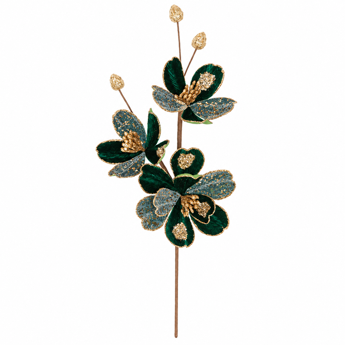 28"Emerald Green & Gold Magnolia Christmas Floral Spray