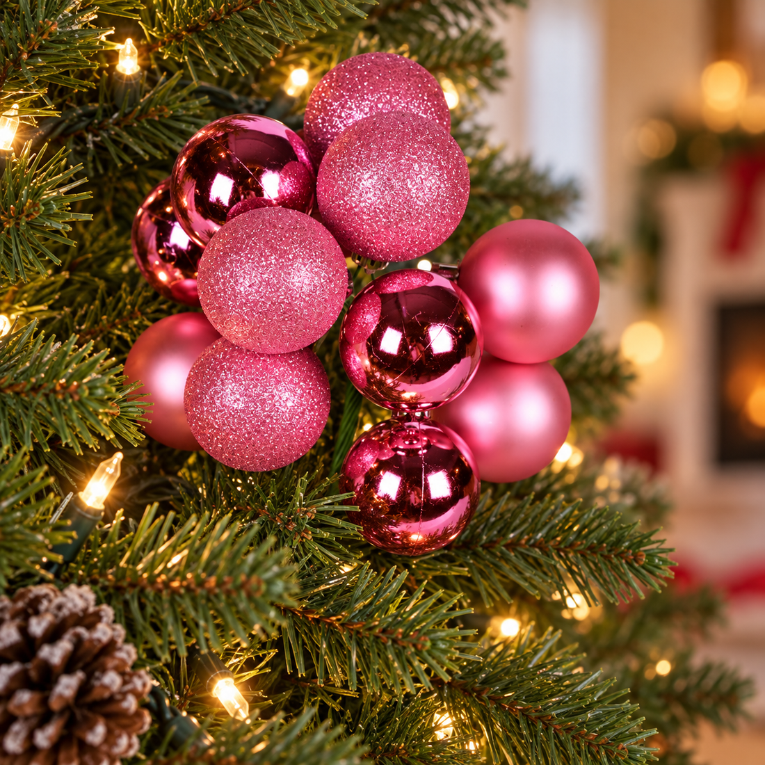 12" Pink Christmas Ball Ornament Pick with Glitter, Shiny & Matte Finishes
