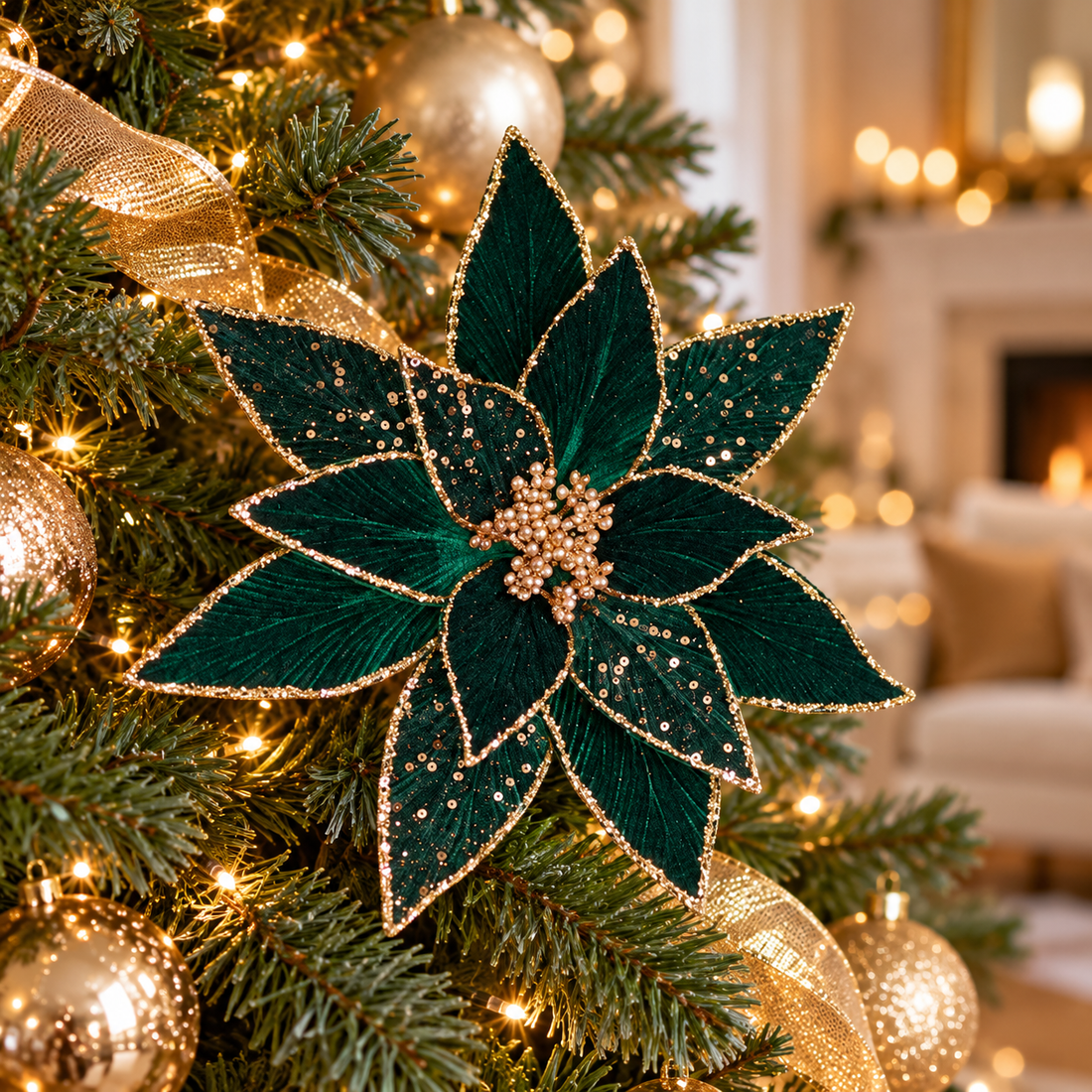 24" Emerald Green & Gold Glitter Poinsettia Christmas Pick