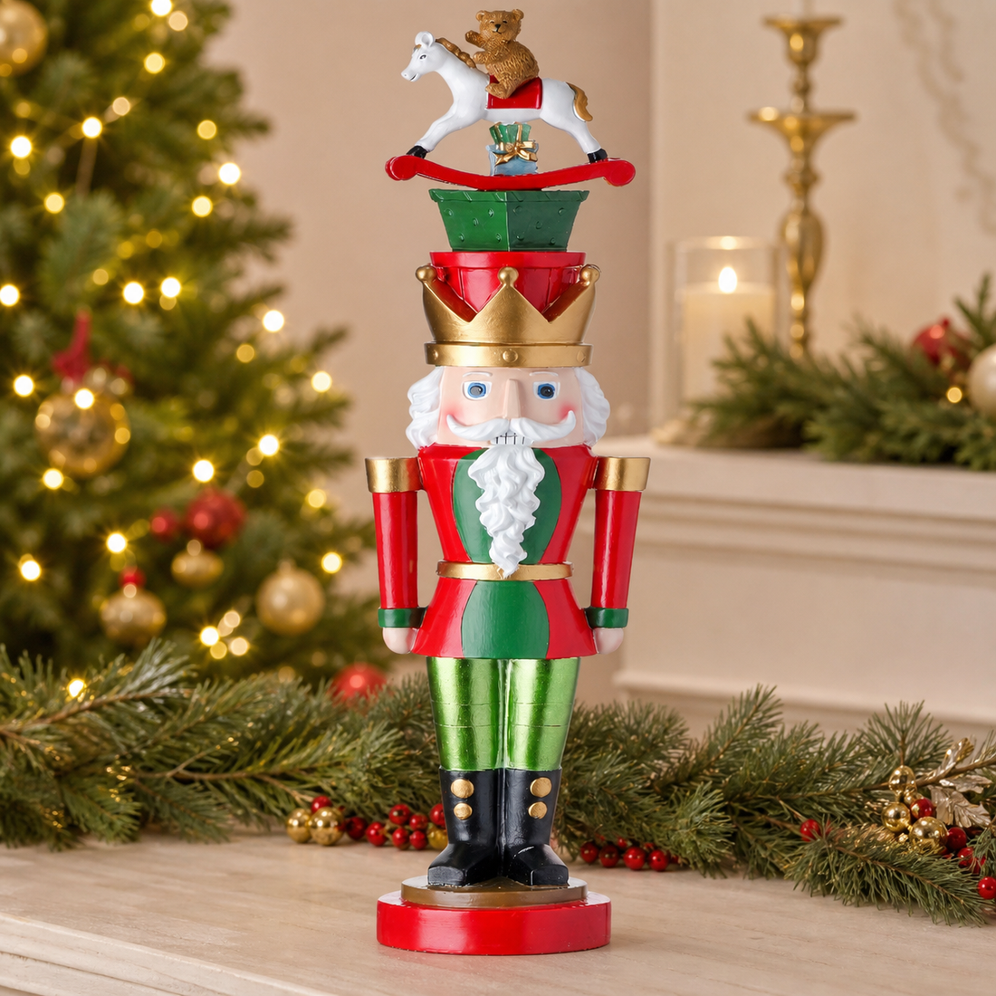 20" Resin Christmas Nutcracker with Gifts & Rocking Horse