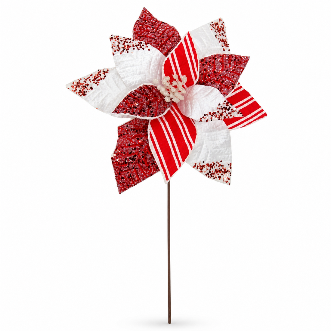 Candy cane striped red and white Christmas poinsettia pick alternate view
