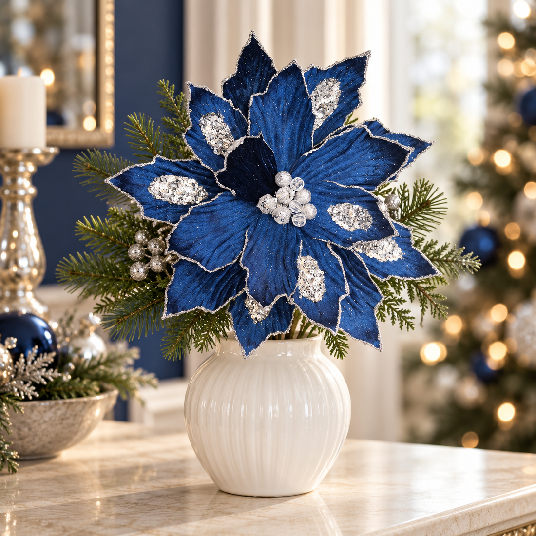 24"Blue & Silver Poinsettia Christmas Pick with Sequin Accents