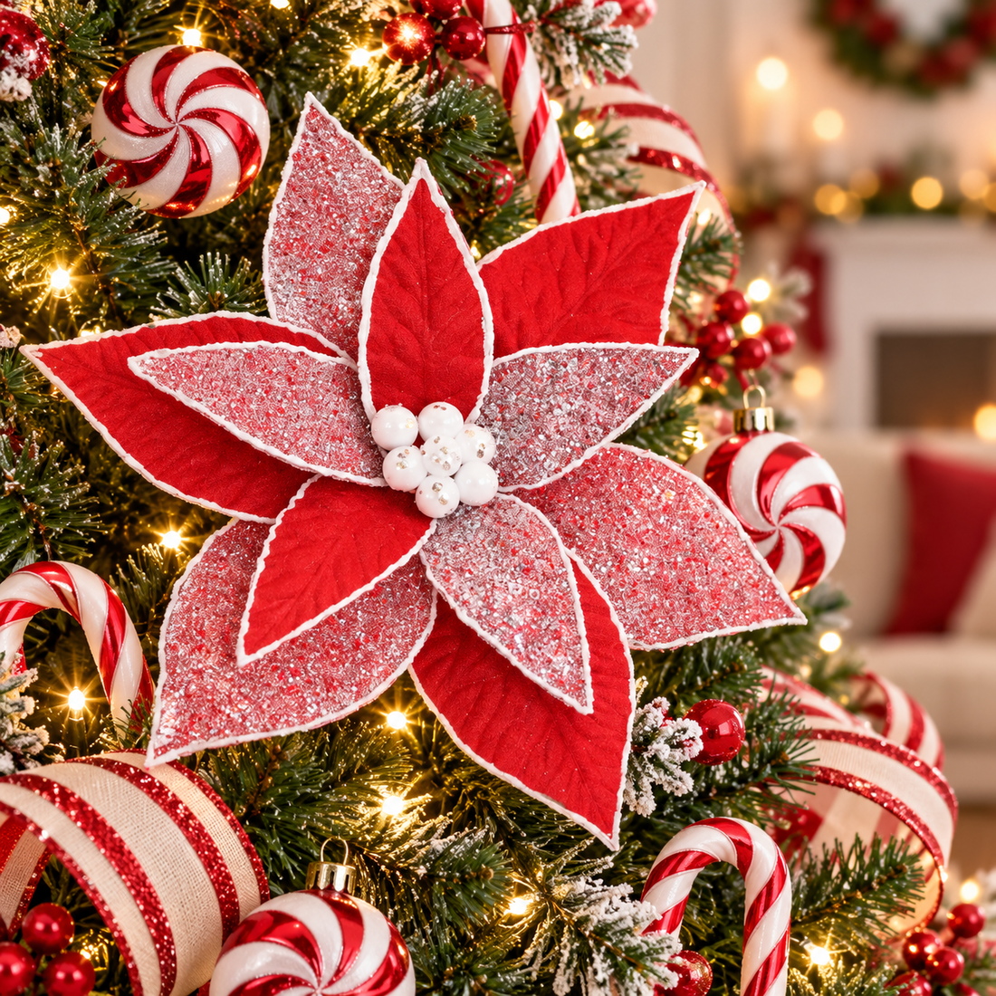 24" Peppermint Candy Cane Poinsettia Christmas Pick – Red & White