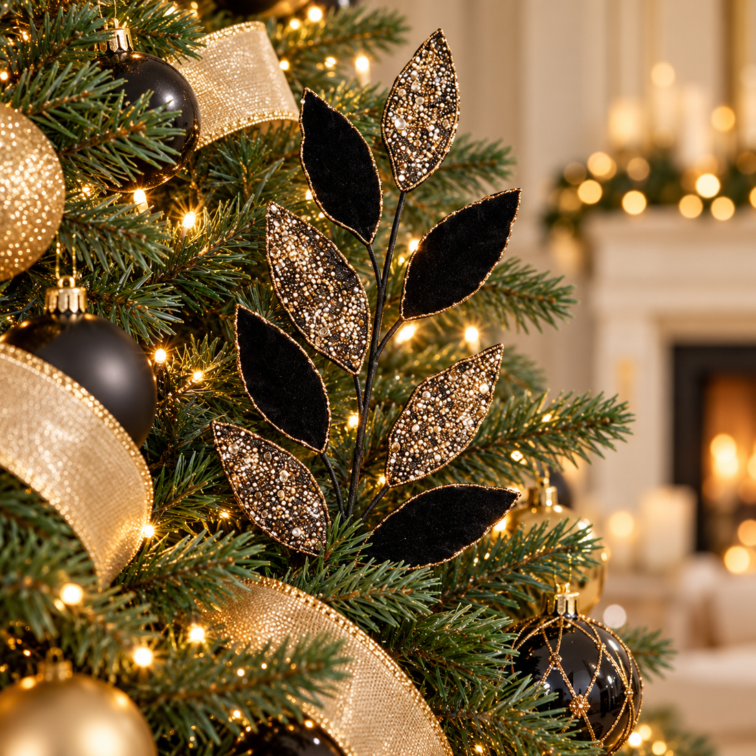 Black & Gold Leaf Spray with Beaded Christmas Accents