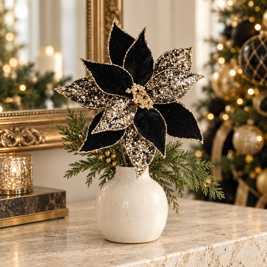 24" Black & Gold Poinsettia Christmas Pick with Beaded Accents