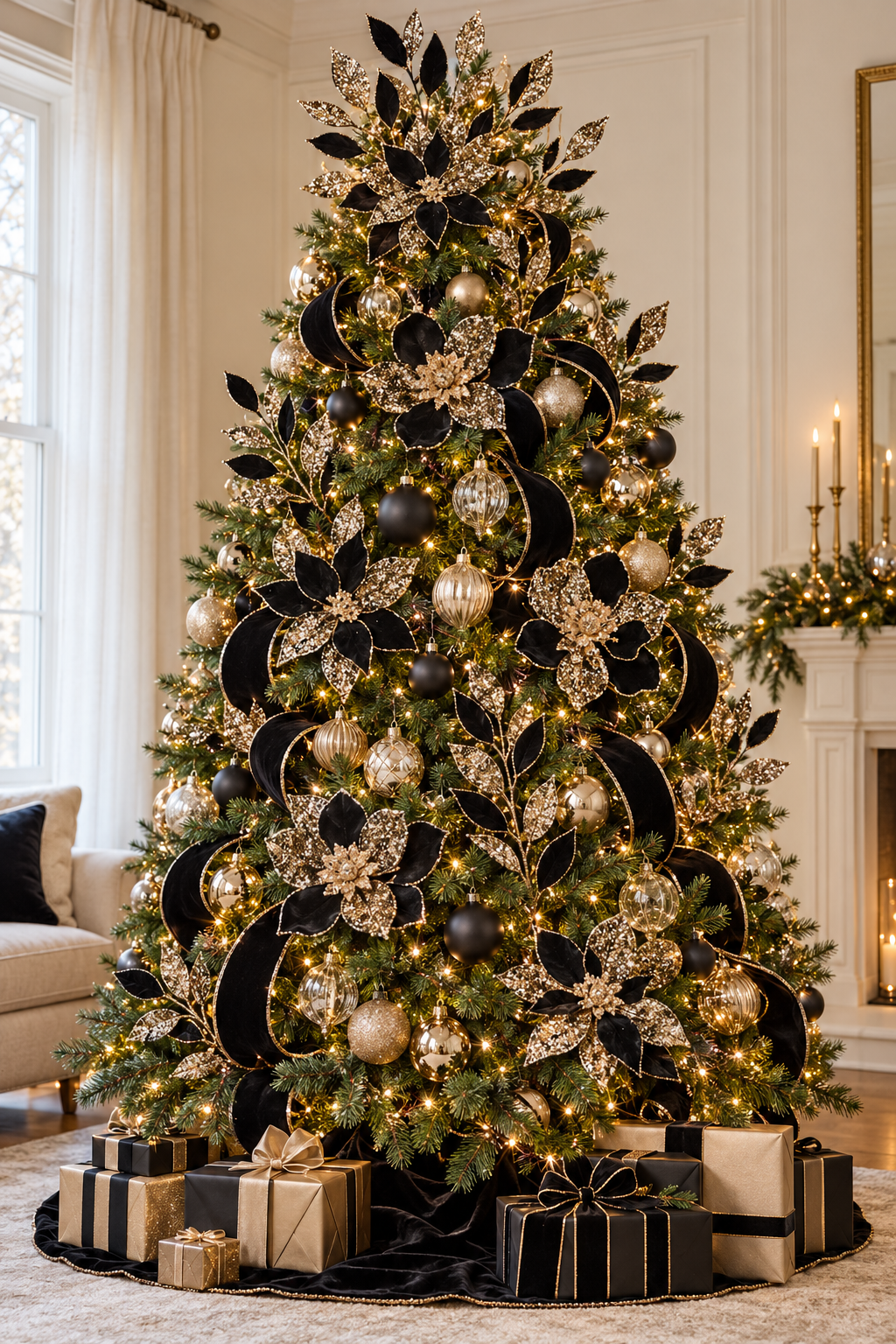 24" Black & Gold Poinsettia Christmas Pick with Beaded Accents