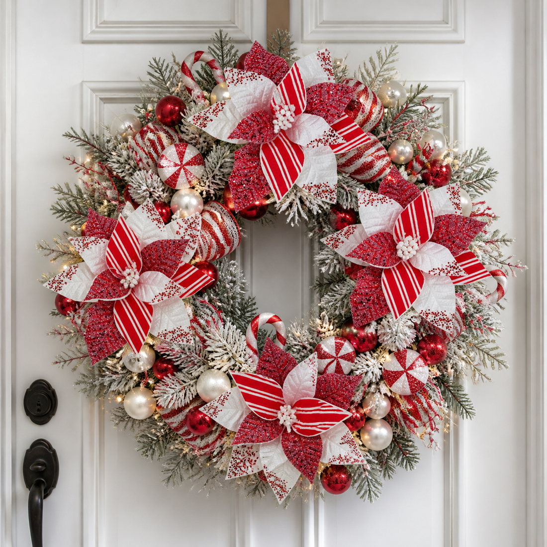 Red and white glitter poinsettia floral pick for Christmas tree decorating