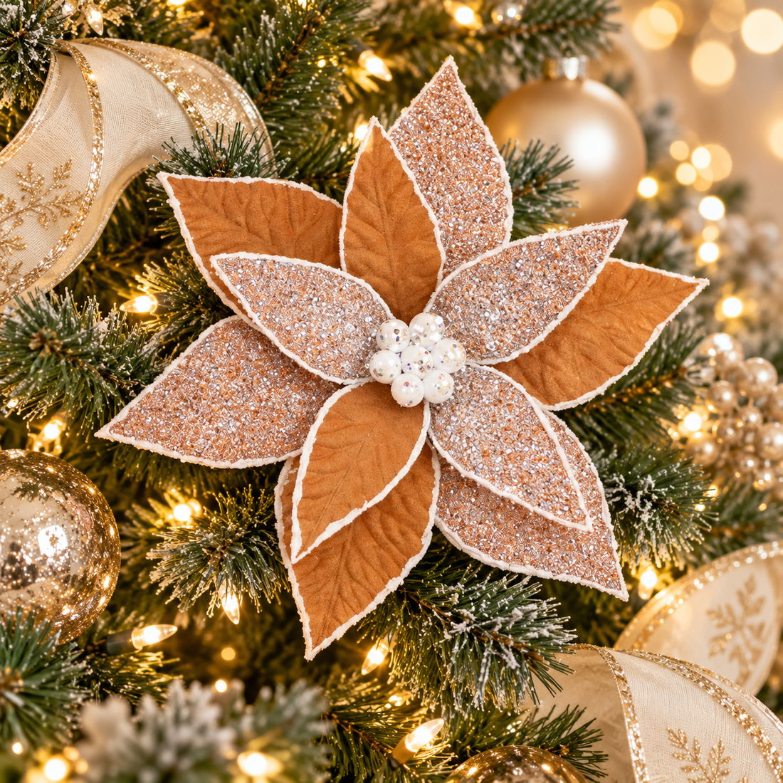 24" Gingerbread Glitter Poinsettia Christmas Floral Pick