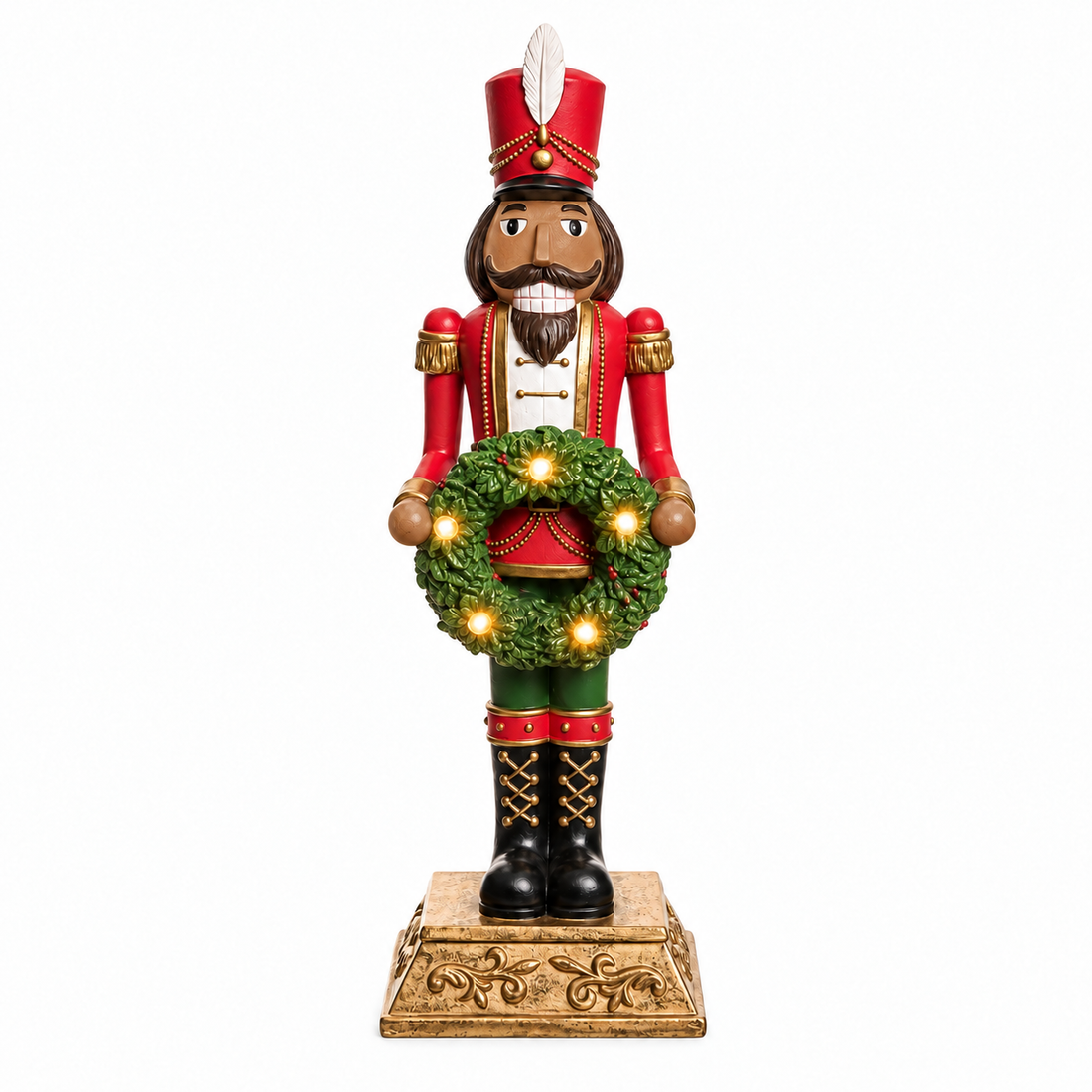 15" Hand-Painted African American Nutcracker Figurine with Lighted Wreath