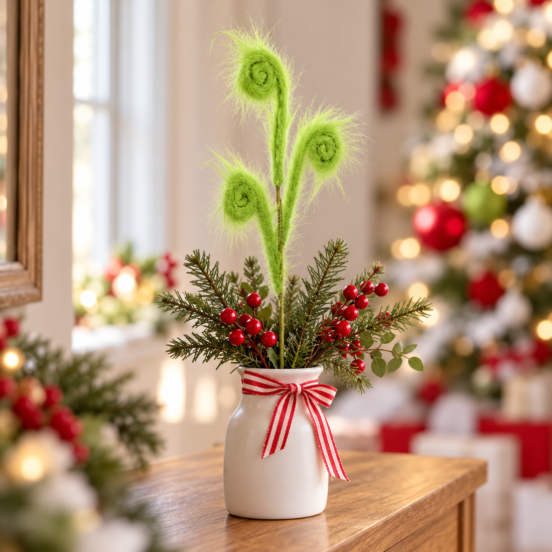 30" Grinch-Inspired Lime Green Fuzzy Curl Christmas Spray