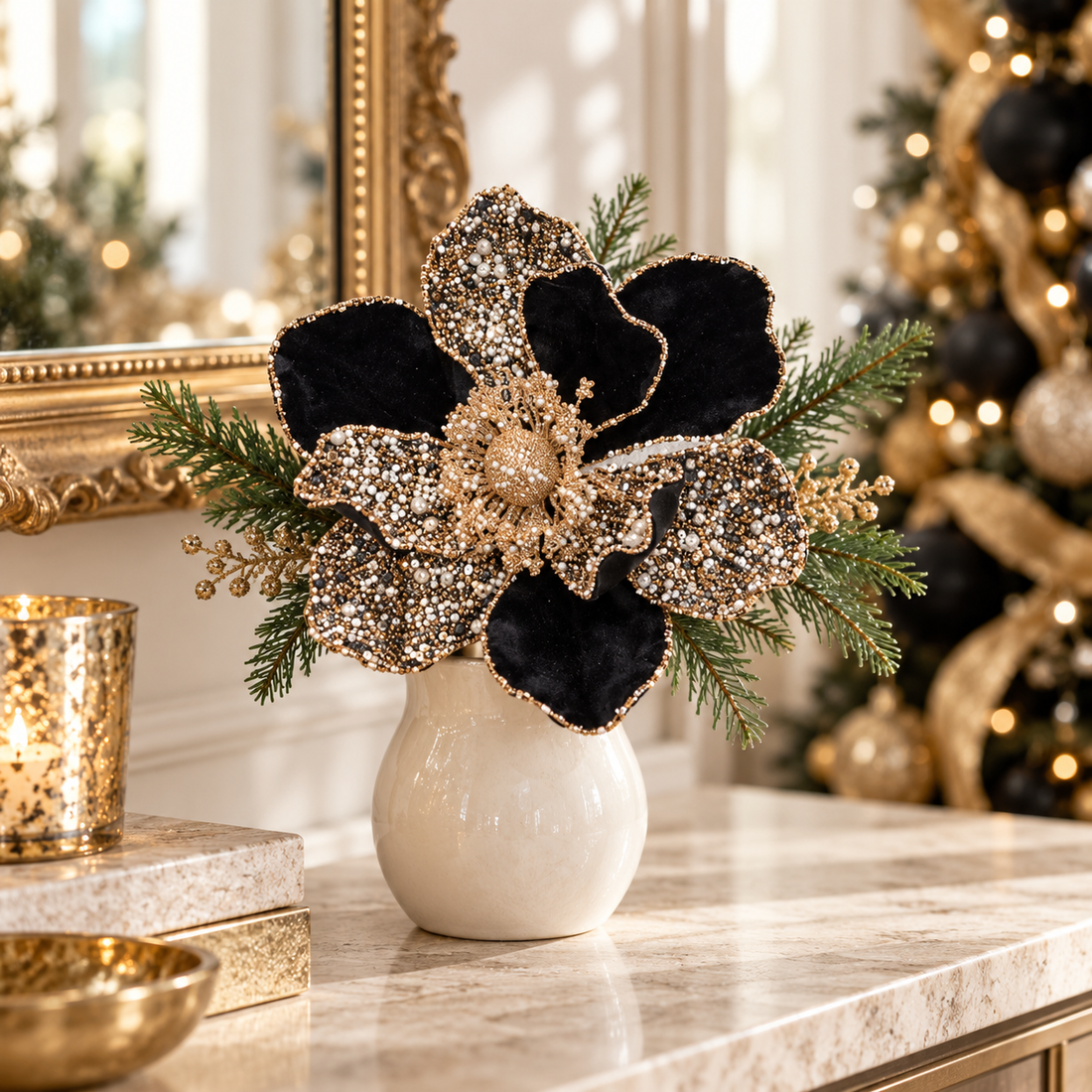 24" Black & Gold Magnolia Christmas Pick with Beaded Accents