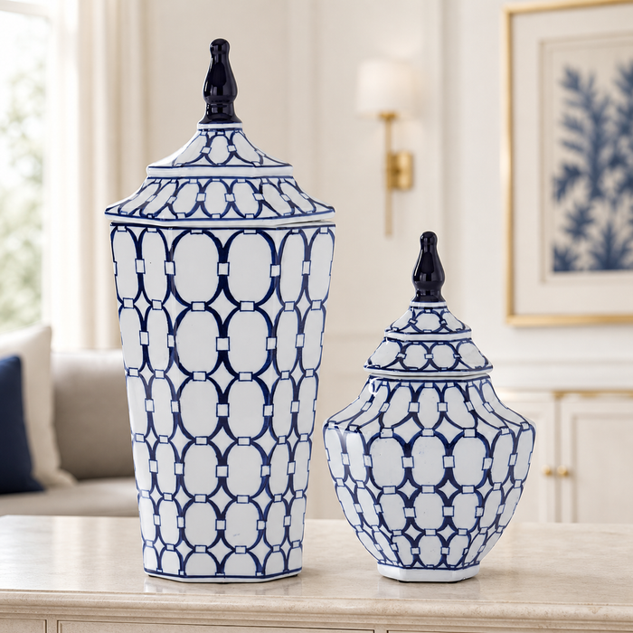 Set of two blue and white ornate porcelain lidded containers