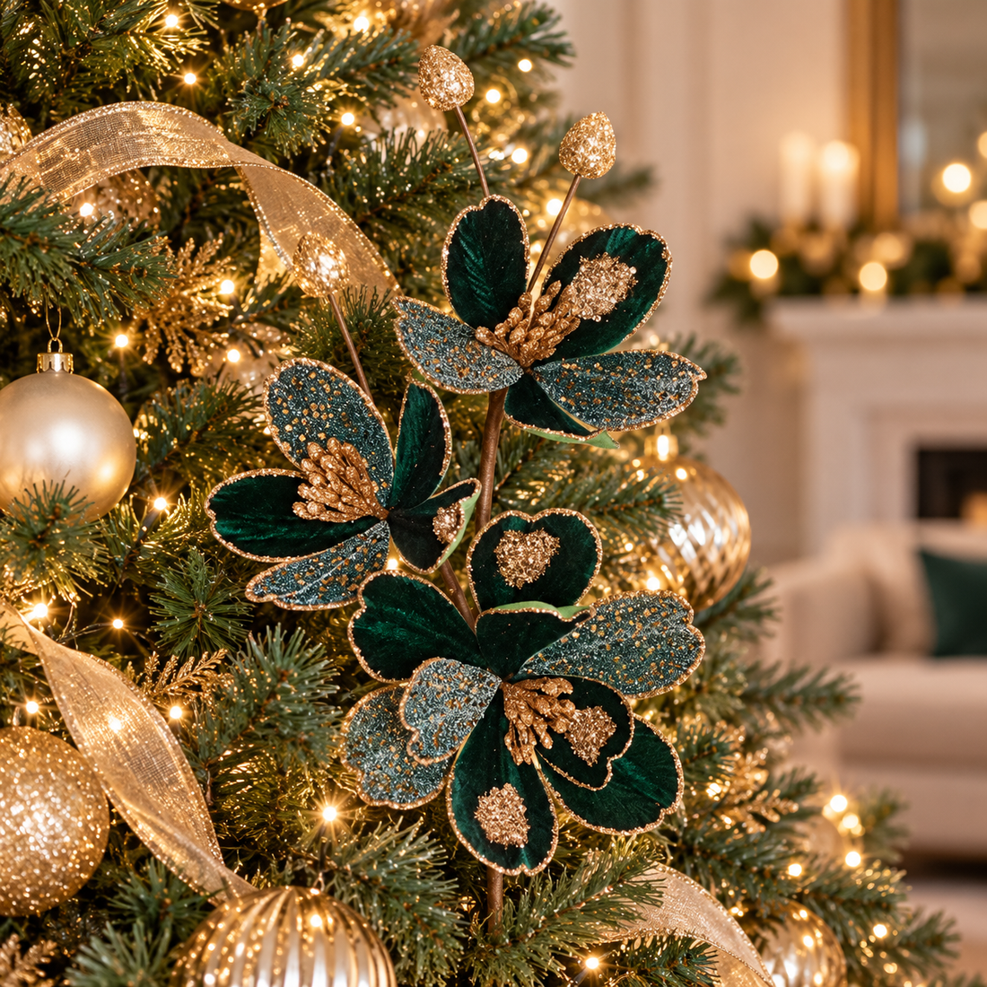 28"Emerald Green & Gold Magnolia Christmas Floral Spray