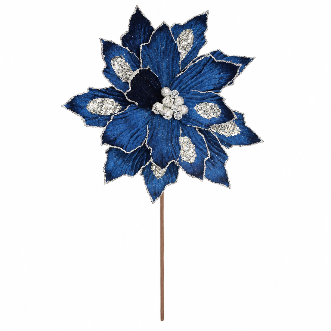 24"Blue & Silver Poinsettia Christmas Pick with Sequin Accents
