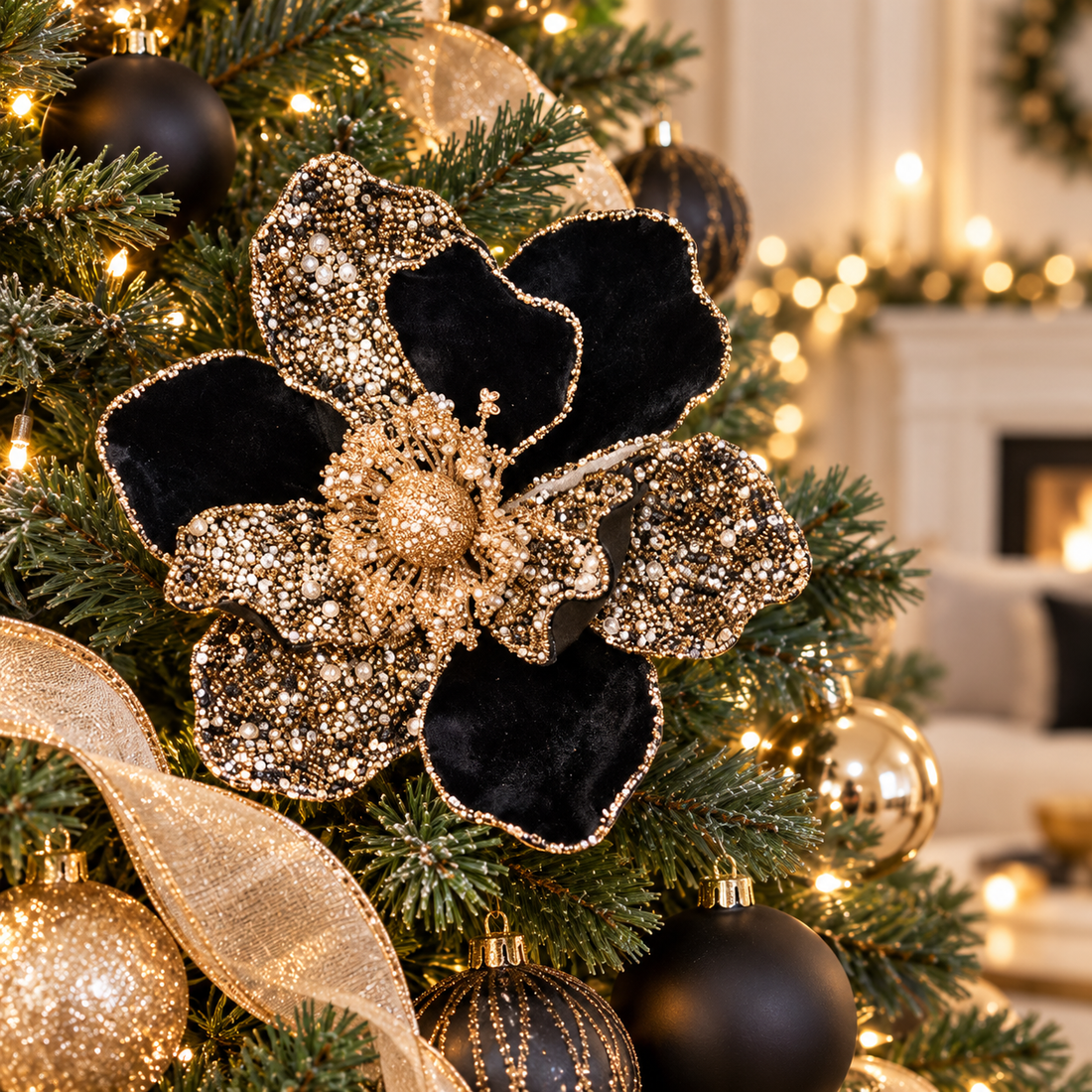 24" Black & Gold Magnolia Christmas Pick with Beaded Accents