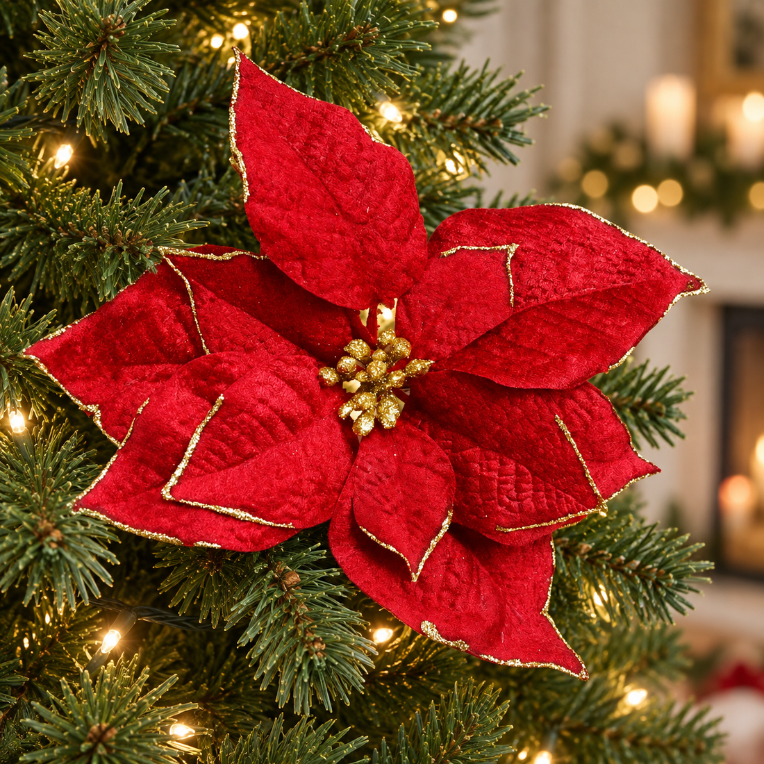 8" Red Poinsettia Christmas Tree Clip Ornament with Gold Glitter