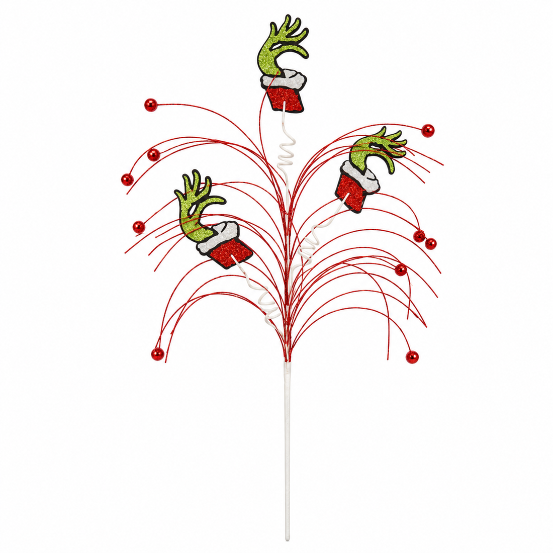 30" Whimsical Green Hand Grinch Christmas Spray with Red Glitter Accents