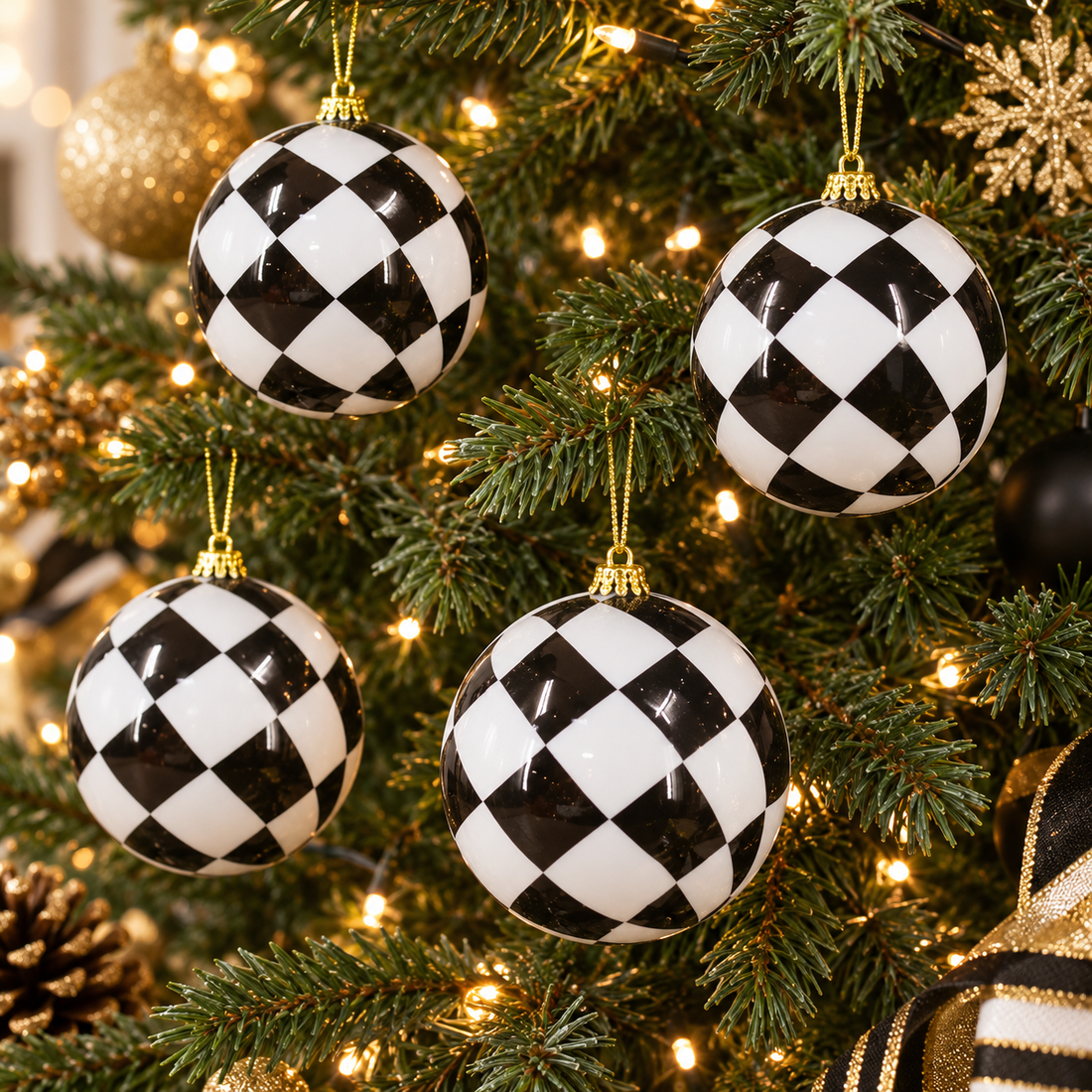 4" Black & White Checkered Ornaments – Set of 4