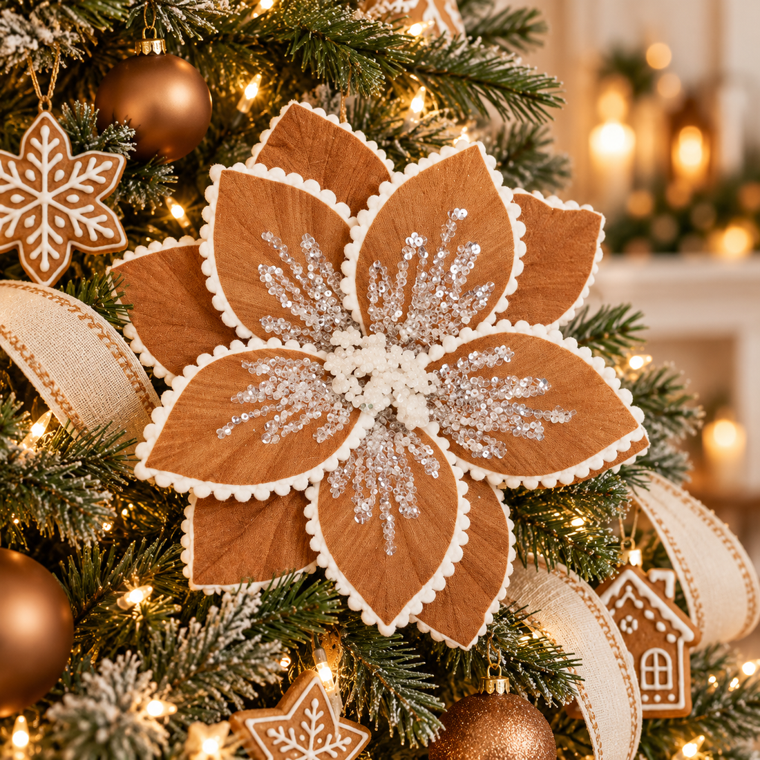 24"Gingerbread Poinsettia Christmas Pick with White Icing Trim