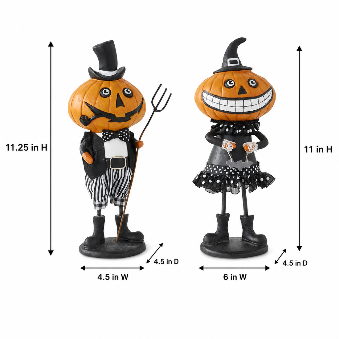 Set of 2 Standing Pumpkin People Halloween Figurines – Whimsical Jack-O'-Lantern Couple Décor
