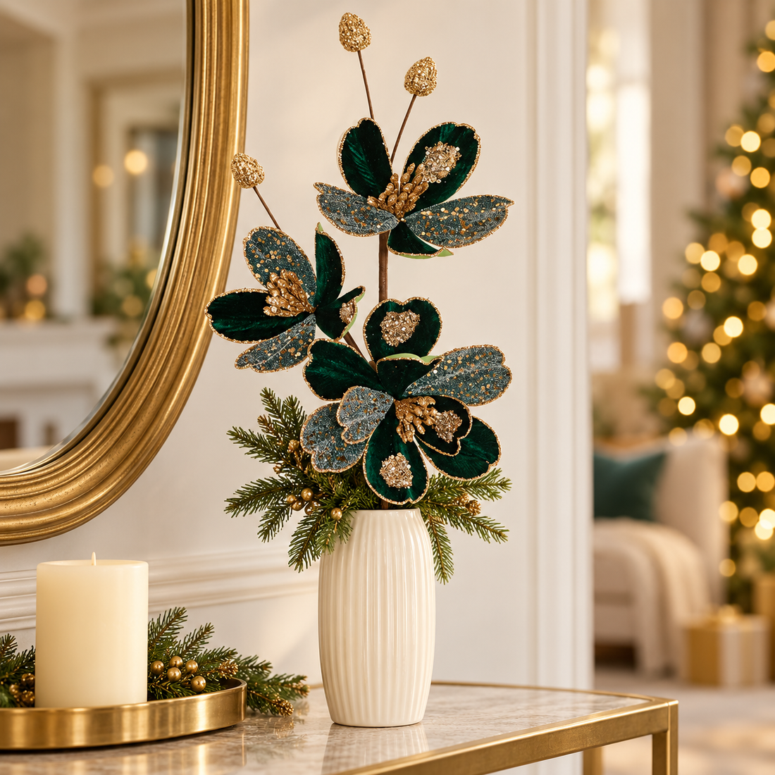 28"Emerald Green & Gold Magnolia Christmas Floral Spray