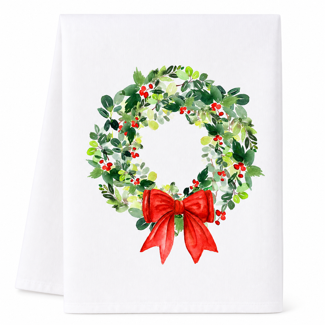 Christmas Wreath Kitchen Towel with Red Bow
