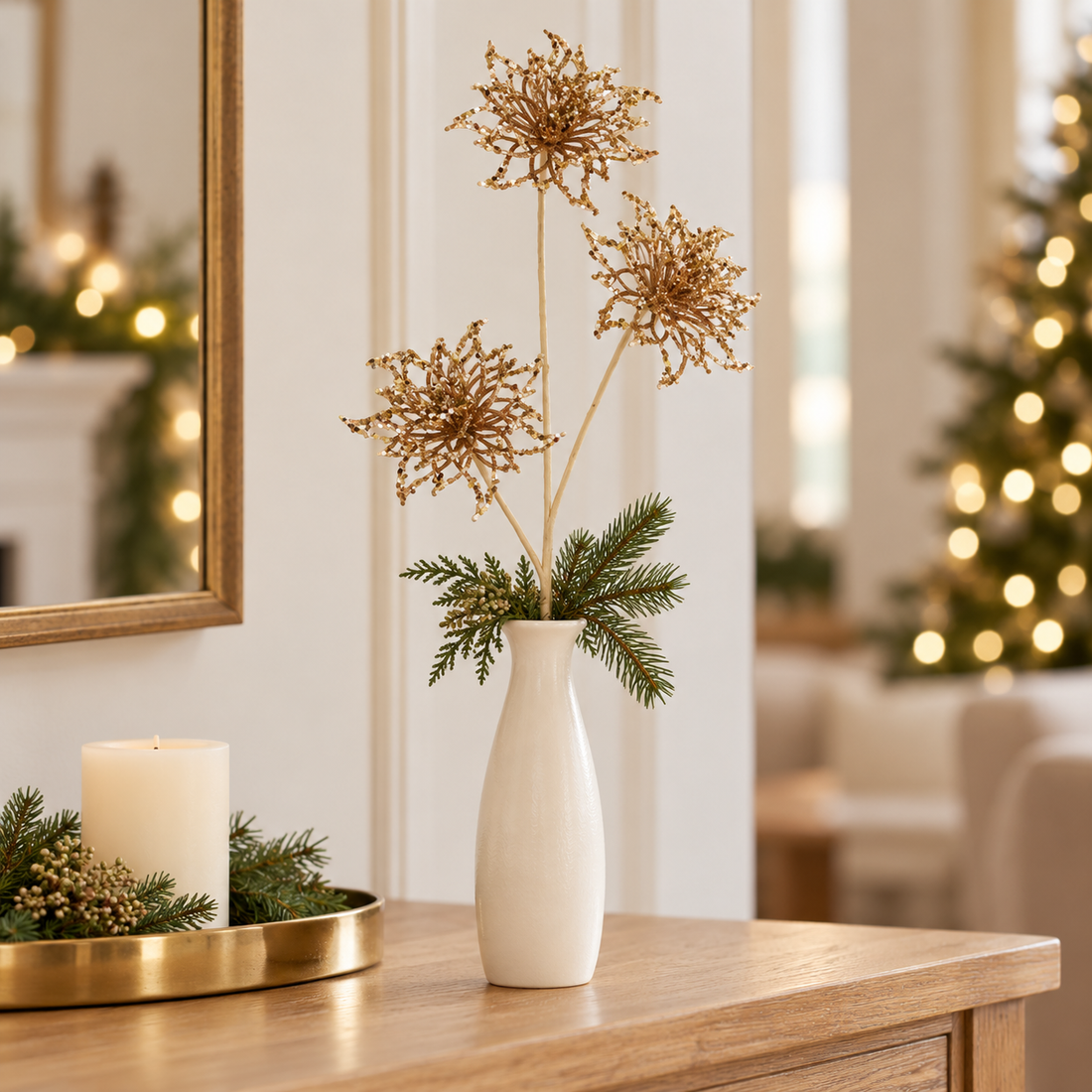 28" Gold Glitter Floral Christmas Spray with Three Blooms