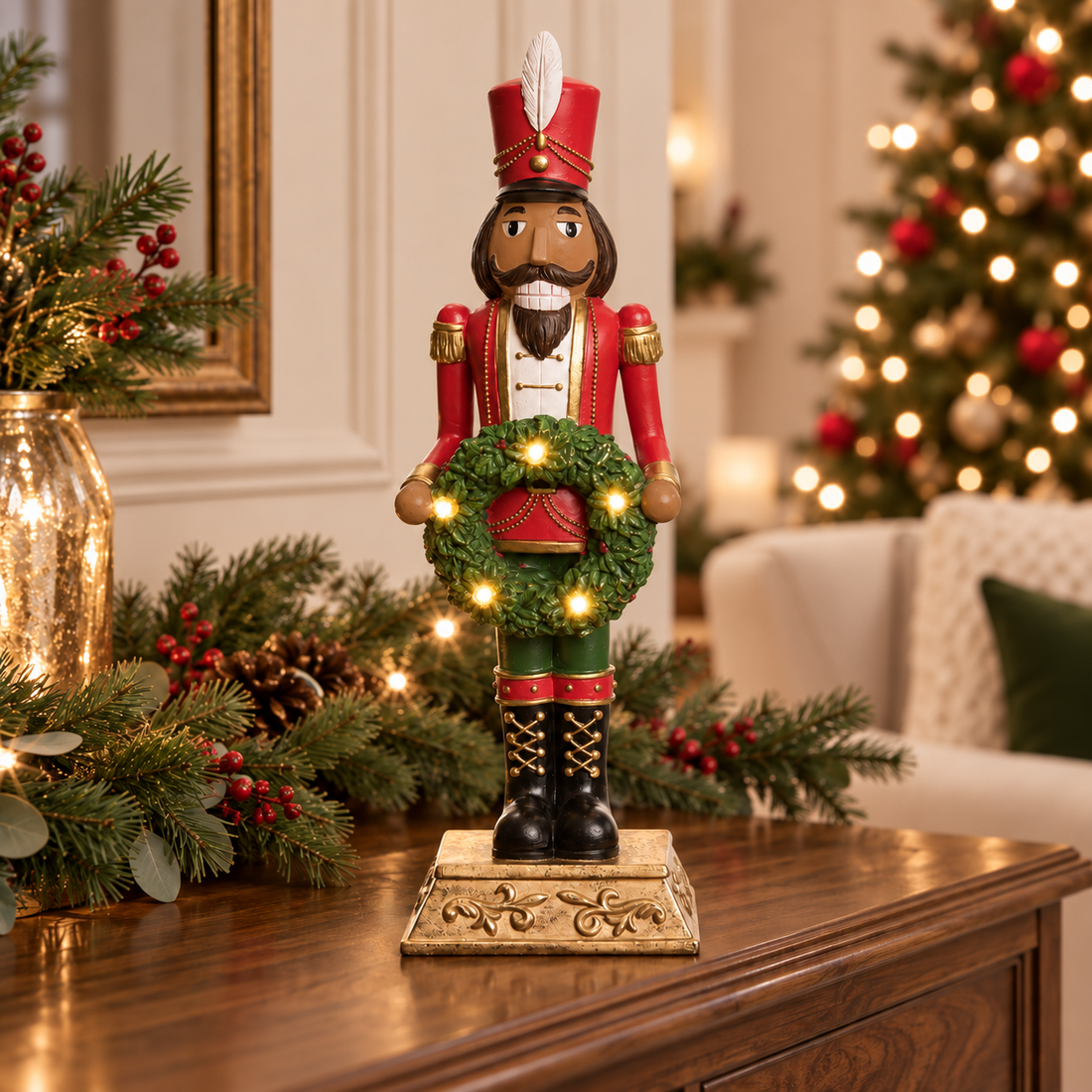 15" Hand-Painted African American Nutcracker Figurine with Lighted Wreath
