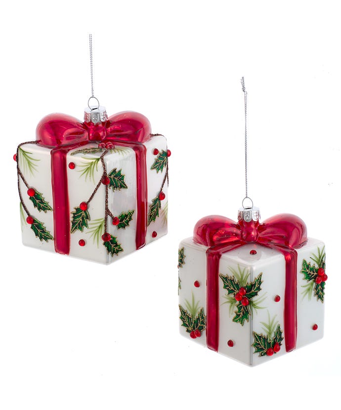 3.5" Glass Holly Present Ornaments – Set of 2
