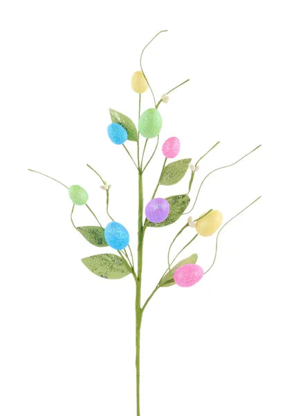 18" Glitter Easter Egg Spray with Leaves | Spring Floral Pick & Wreath Accent